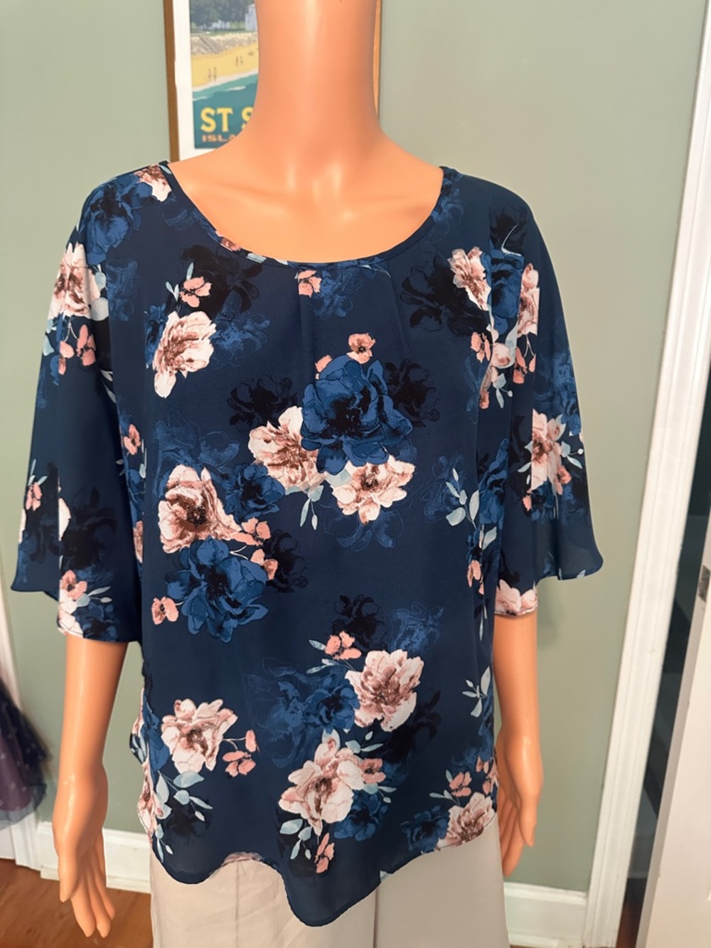 Elle Navy Floral Scoop-Neck Blouse with Pink Accents